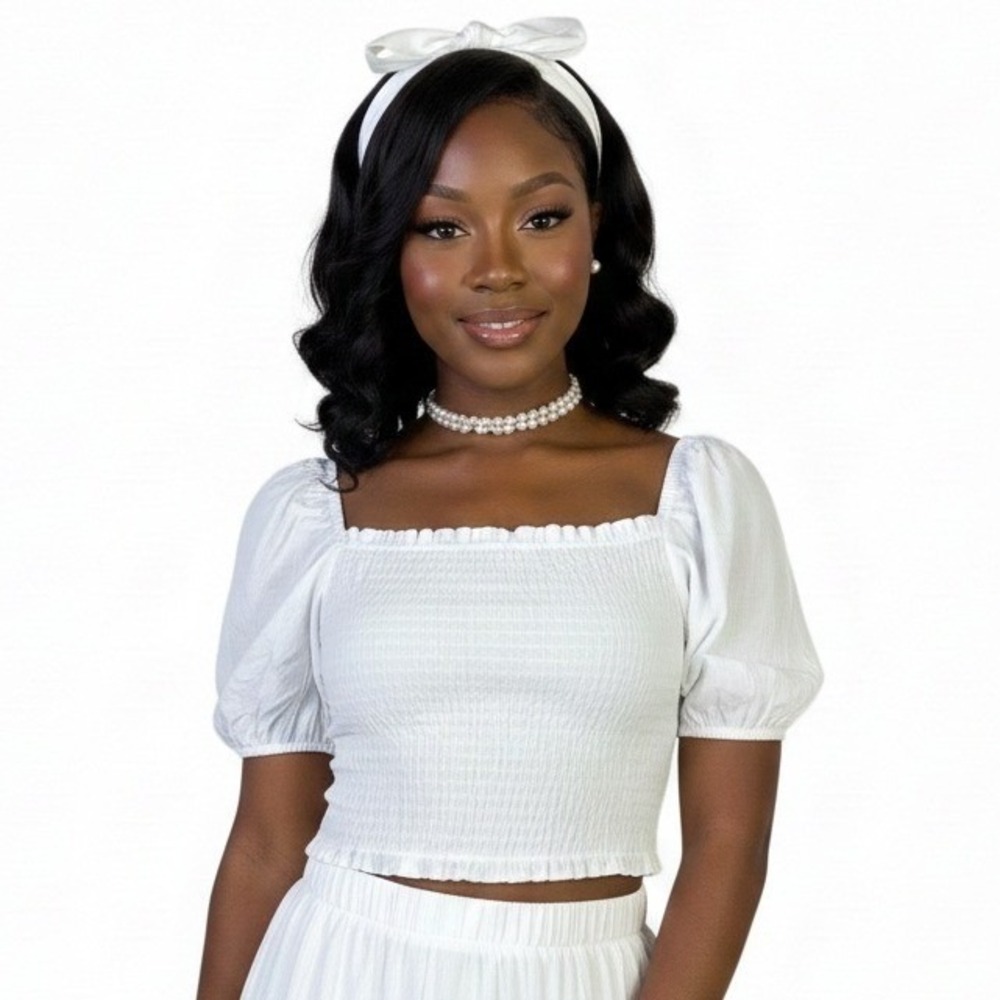 Crescent Coquette Milkmaid Smocked Puff Sleeve Crop Top White Peasant Size S